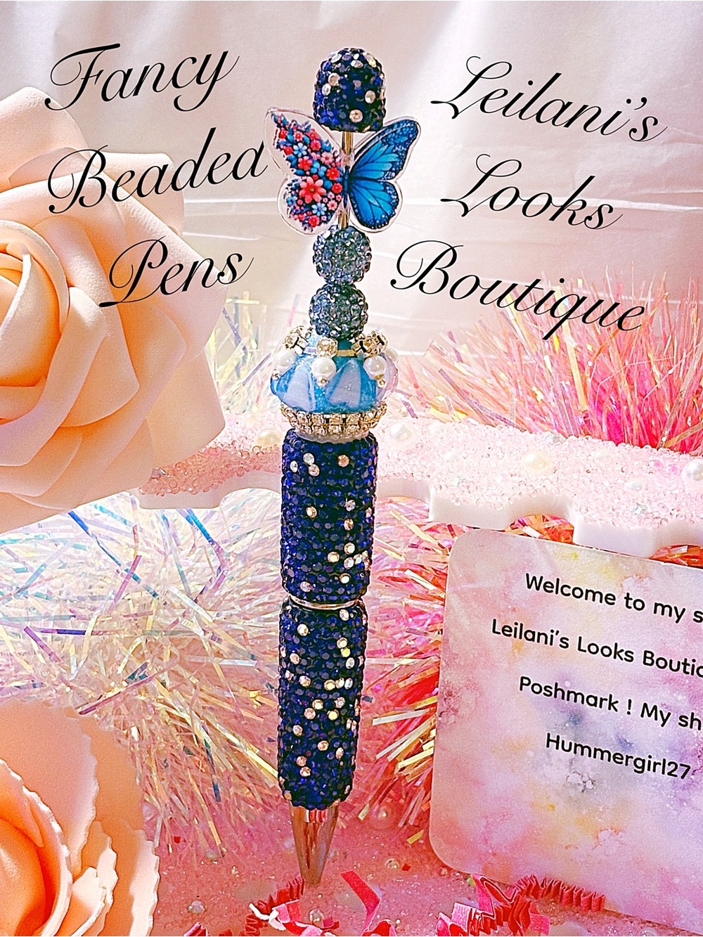 Blue Beaded Butterfly Pen/ Fancy beaded Pen/gifts/blue beads